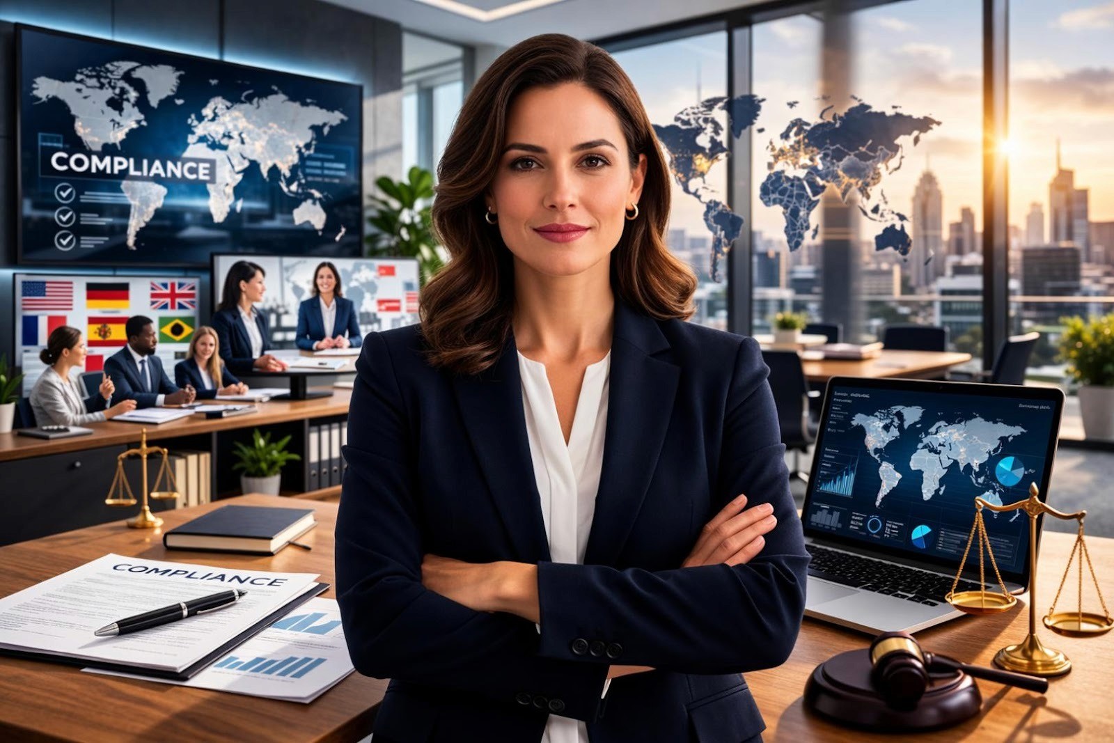 Corporate compliance manager reviewing global training workflow and automatic dubbing strategy for multilingual compliance programs in a regulated industry office setting.