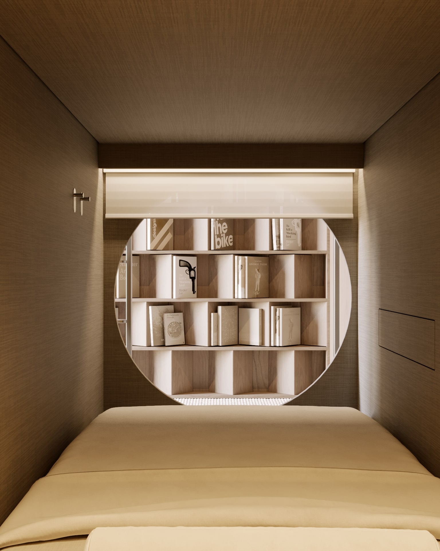Cozy sleeping pod with bed, circular window, and built-in bookshelf filled with books.
