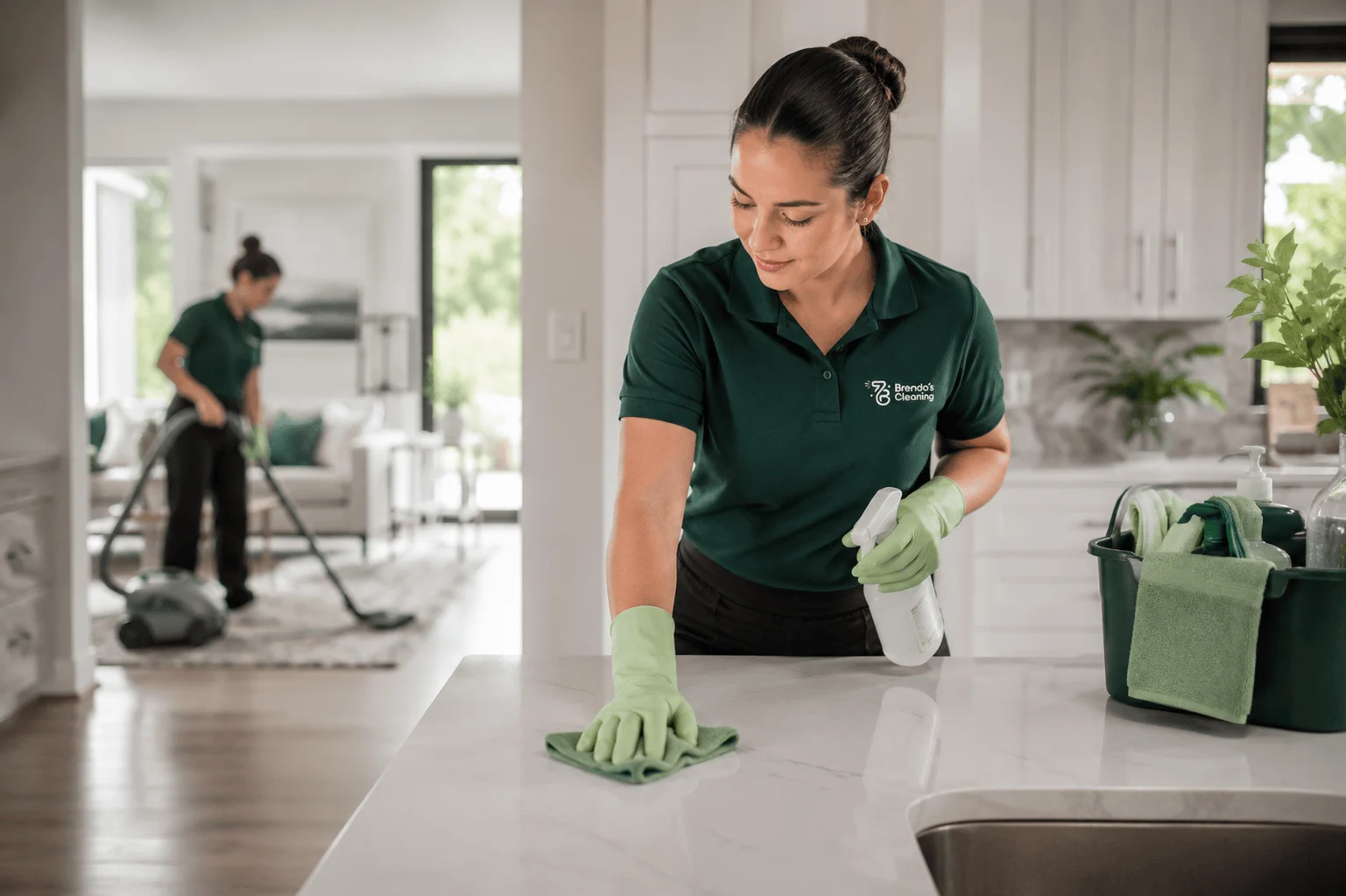 A smiling professional house cleaning specialist with Brenda's Cleaning service using a vacuum brush attachment to clean dust off a wooden coffee table. She is equipped with a commercial ProTeam GoFit 3 HEPA backpack vacuum and is dressed in a company-branded navy blue polo shirt, matching baseball cap, branded black apron, black work pants, and blue protective nitrile gloves. The background showcases a bright, open-concept luxury home interior with a living room sofa, decorative pillows, hardwood flooring, and a modern kitchen island with barstools, highlighting detailed dust removal, premium residential maid services, and thorough housekeeping across Keller and Southlake, Texas.