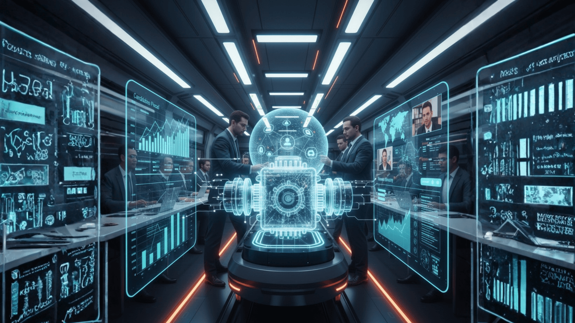 A cinematic 16:9 landscape view of a high-tech control room or "bridge," where a team of professionals in suits works alongside glowing, futuristic holographic displays. In the center, a large, intricate mechanical engine-like core is being actively adjusted and rebuilt with digital overlays while moving at high speed, symbolized by energy streaks and a sense of forward momentum. Surrounding digital dashboards display real-time growth charts, global maps, and performance metrics, representing a recruitment or scaling business executing complex operations under pressure.