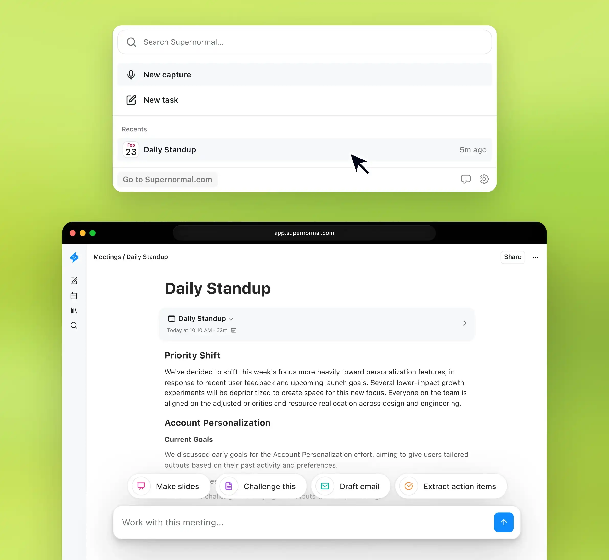 Supernormal web app showing personalized post-meeting suggestions after clicking the Desktop App button to open your meeting in Supernormal, where you can instantly generate follow-up emails, documents, calendar invites, and more.
