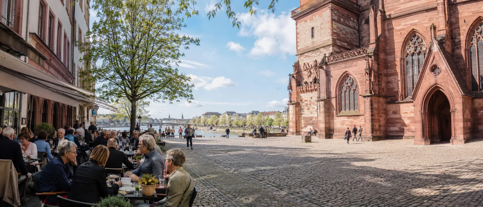 Basler Münsterplatz mit rotem Sandsteinmünster, Café und Blick Richtung Rhein