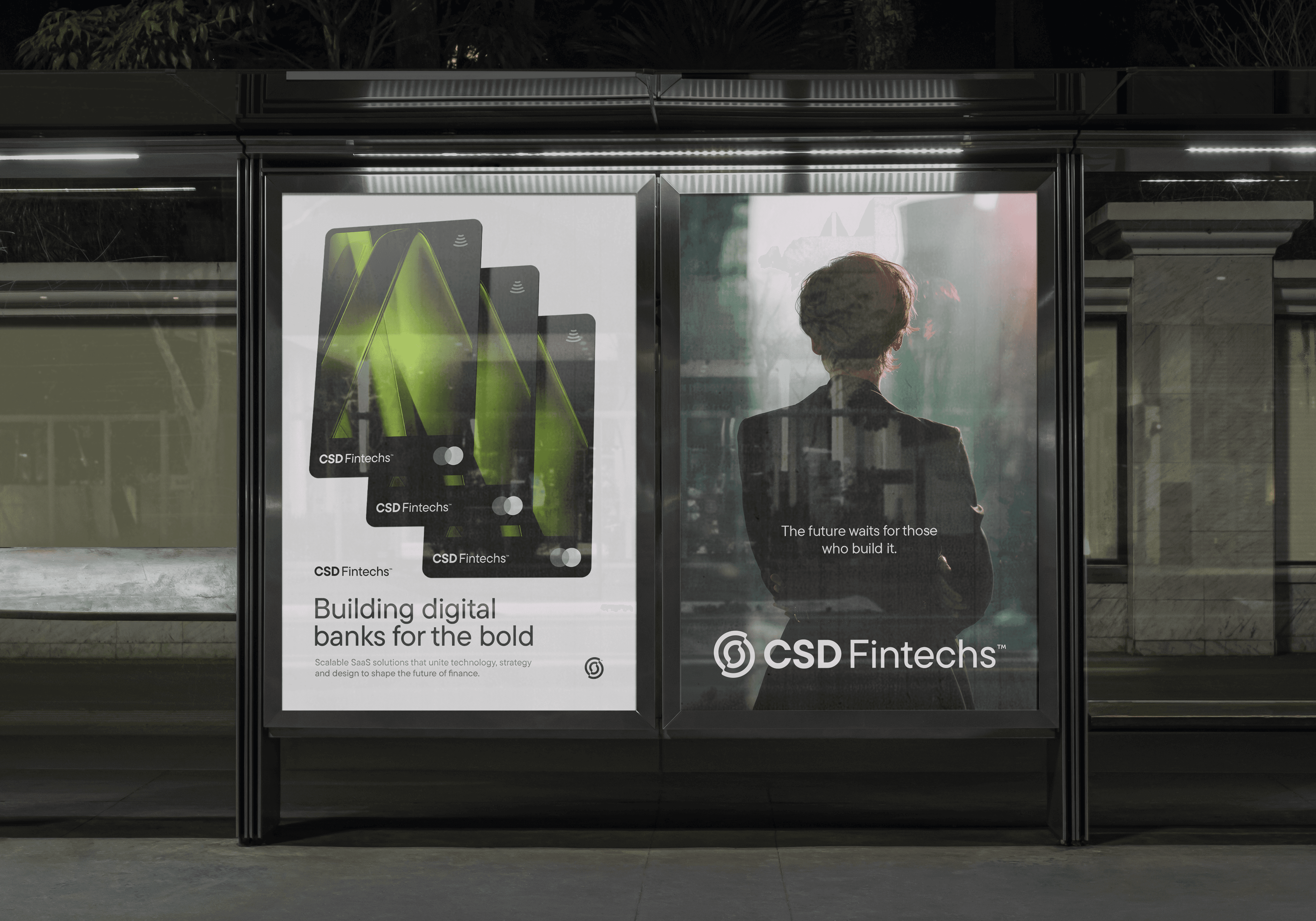 Painel publicitário da CSD Fintechs em estação urbana com mensagem sobre inovação no setor financeiro.