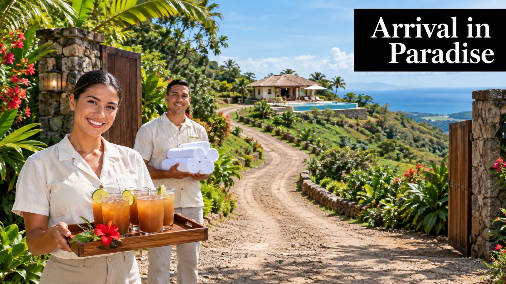 Two resort staff members in beige uniforms welcome guests with refreshing drinks and towels at a tropical villa.