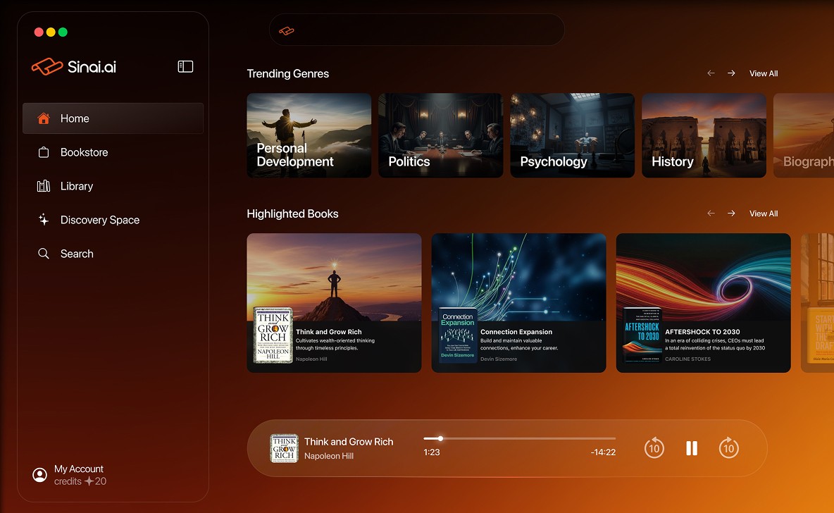 Sinai - Web system showing Trending genres and Highlighted Books