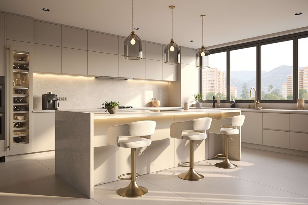 Elegant living space styled by Lavish Interiors with custom curved sofa, statement chandelier, and floor-to-ceiling glass walls overlooking the city.