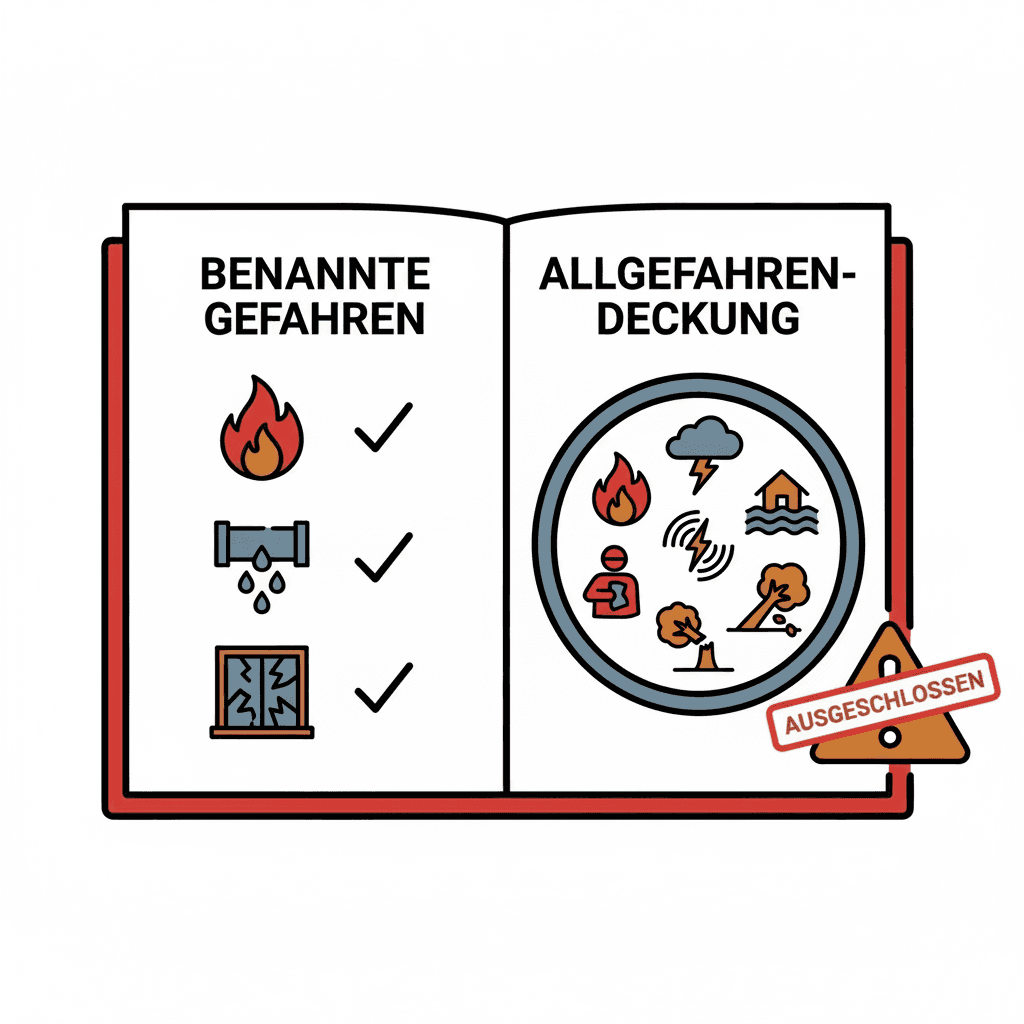 Grafik vergleicht "Benannte Gefahren" (Liste mit Haken) mit "Allgefahren-Deckung" (Kreis aller Risiken, nur Ausnahmen sind "Ausgeschlossen").