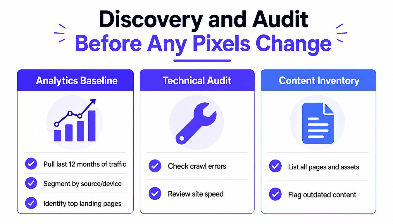 An infographic showing the three essential phases of website discovery and audit before a redesign begins.