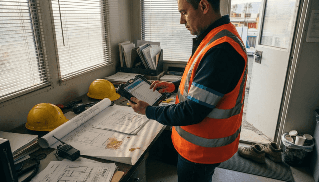 Il responsabile di cantiere annota i dati sulla sicurezza direttamente dal tablet.