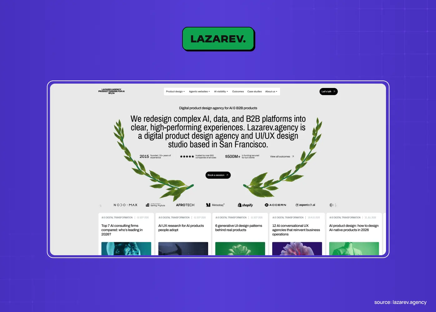 Lazarev design agency website featuring the headline about redesigning complex AI, data, and B2B platforms, surrounded by green laurel graphics.