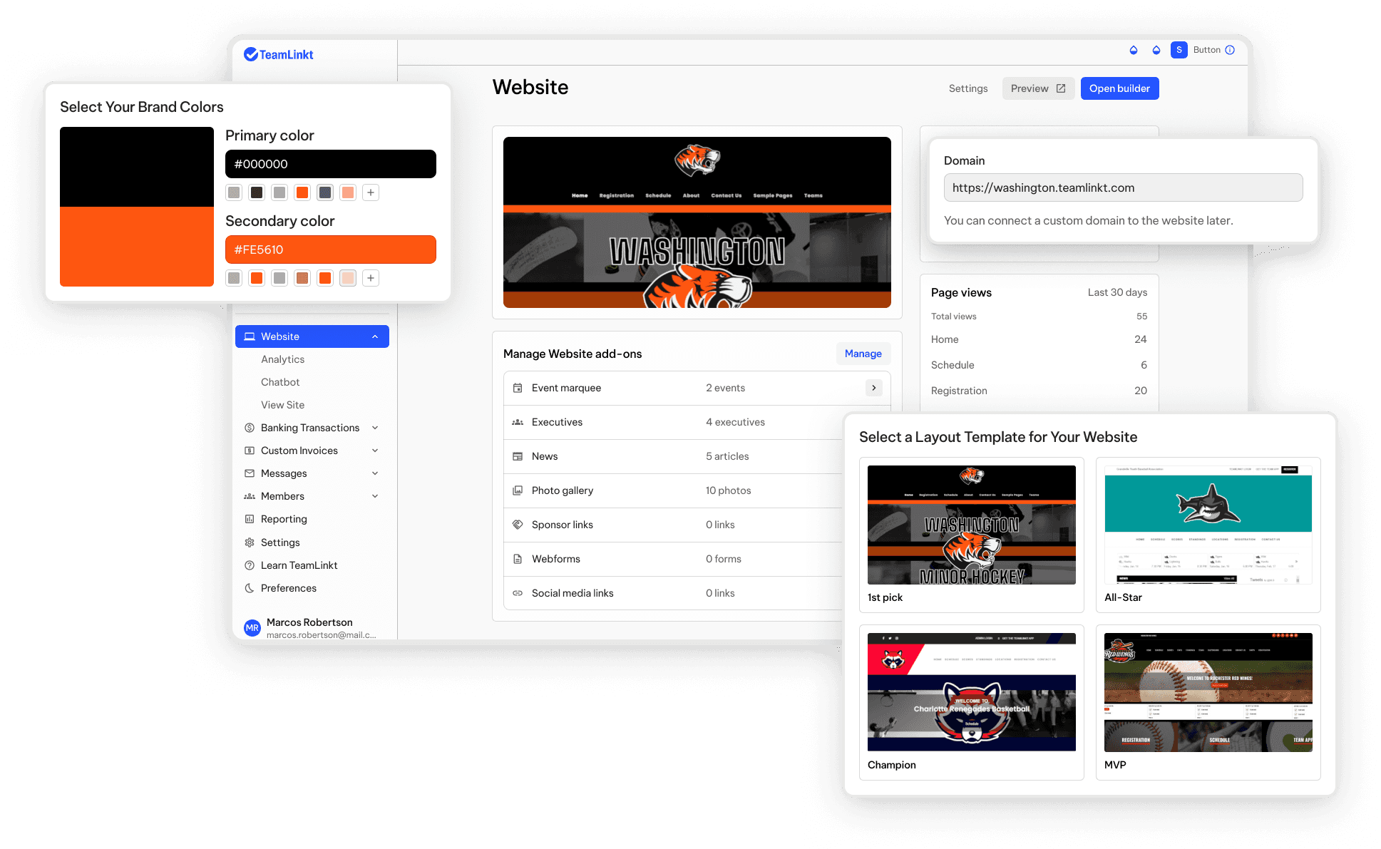 TeamLinkt branded website template builder showing logo, colour, and layout controls for multi-location sports operators