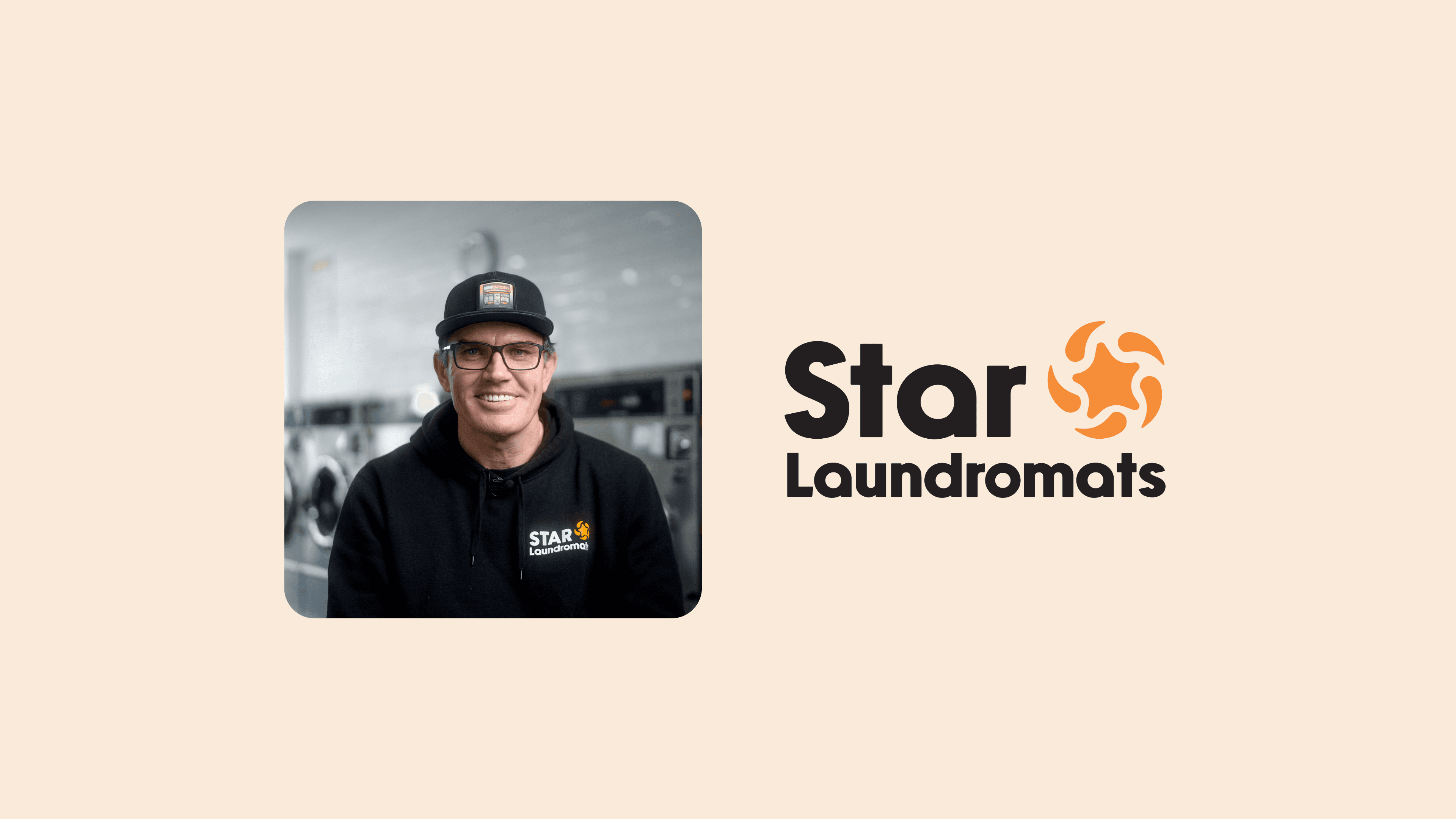 Owner Jason Worme of Star Laundromats smiling in branded hoodie and hat, standing in a modern laundromat, next to the Star Laundromats logo on a beige background.
