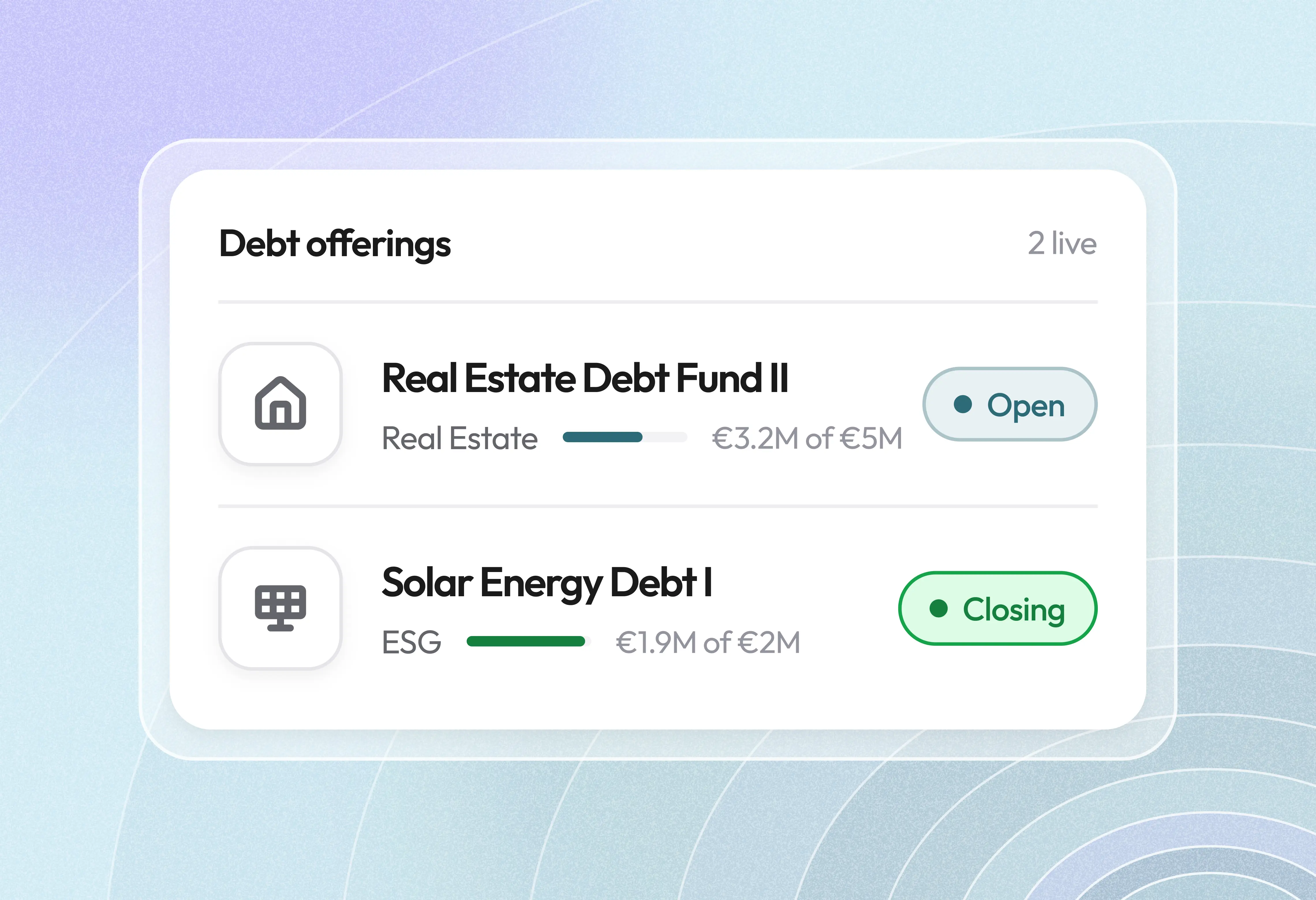 Debt fund offerings list with real estate and solar energy financing status