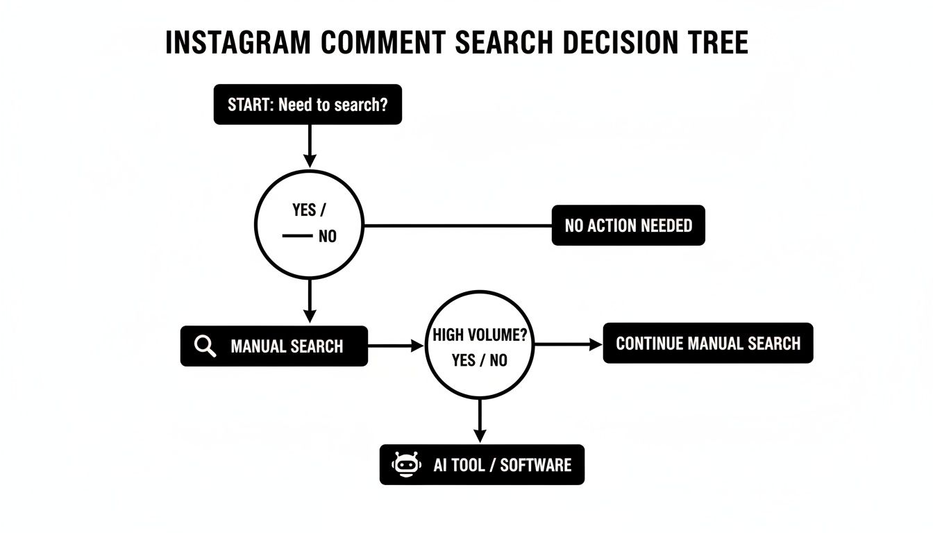 A decision tree flowchart for searching Instagram comments, guiding users from need to search to manual or AI tools.