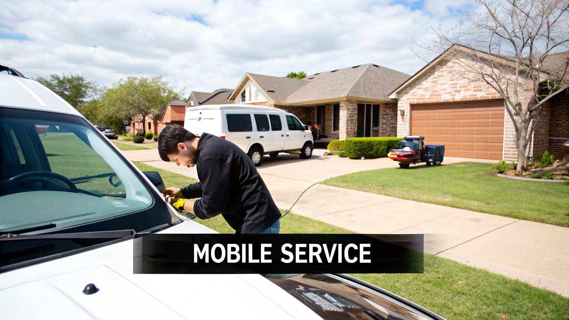 A technician performs mobile windshield service on a white car in a residential driveway, highlighting convenient repairs.