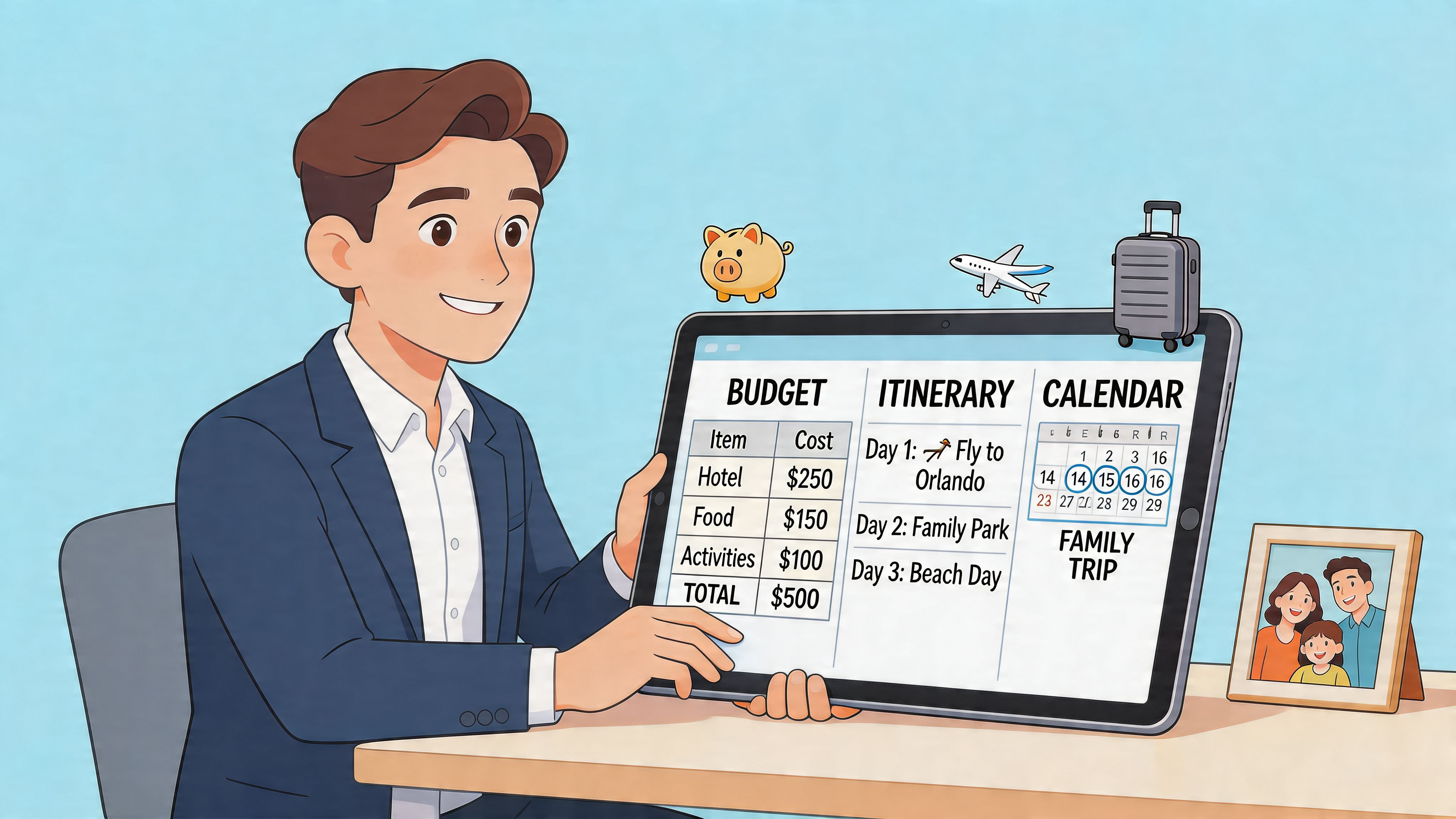 A professional man displays a digital tablet showing a family vacation budget, travel itinerary, and calendar.