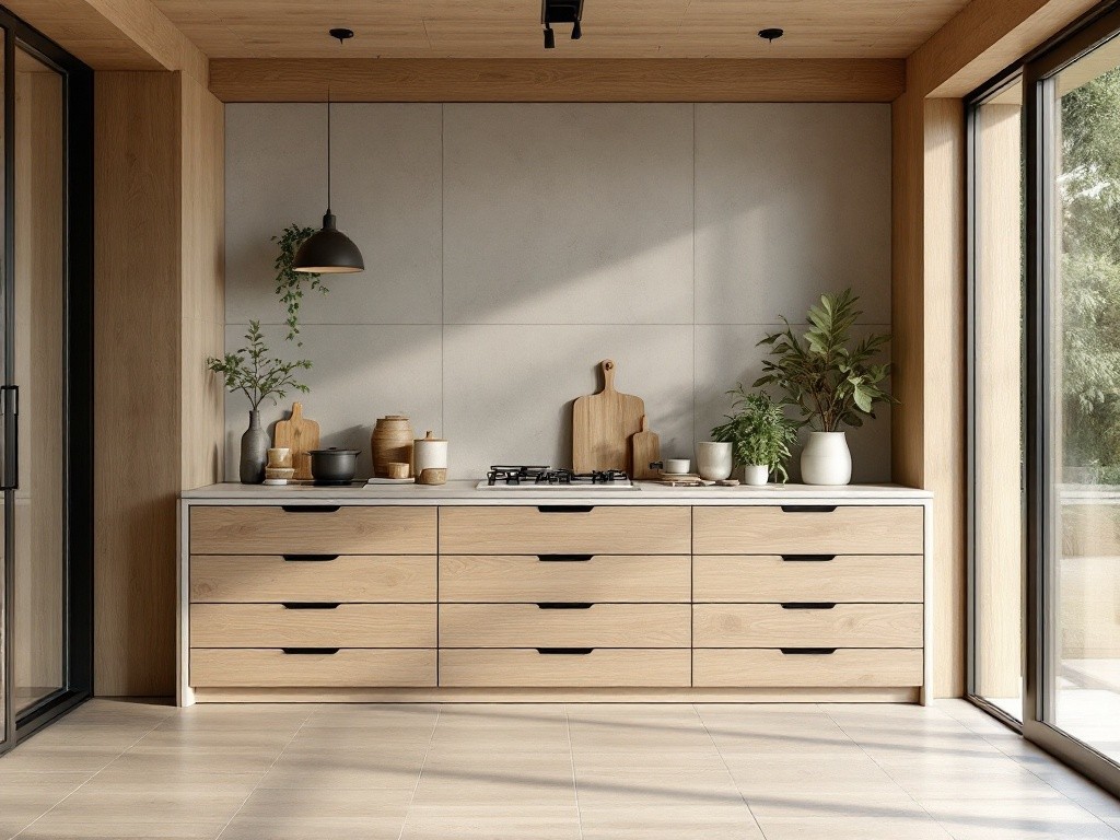 Minimalist kitchen design with light wood cabinets and a white countertop