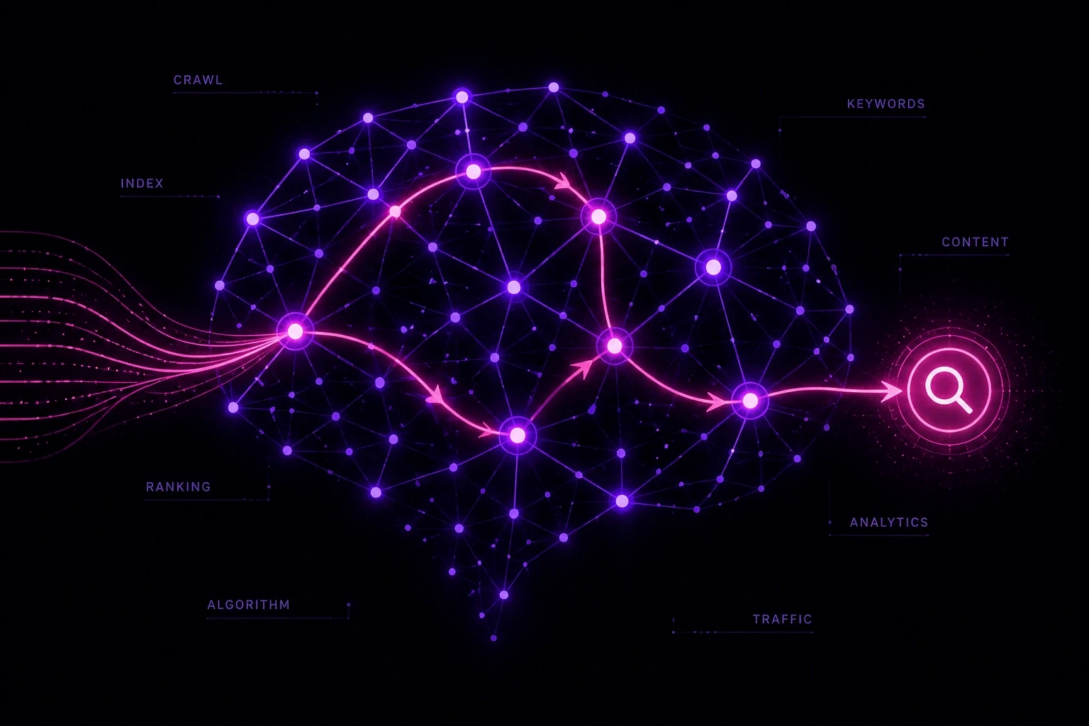 a modern graphic showing the flow of a funnel represented by purple dots and pink connected lines