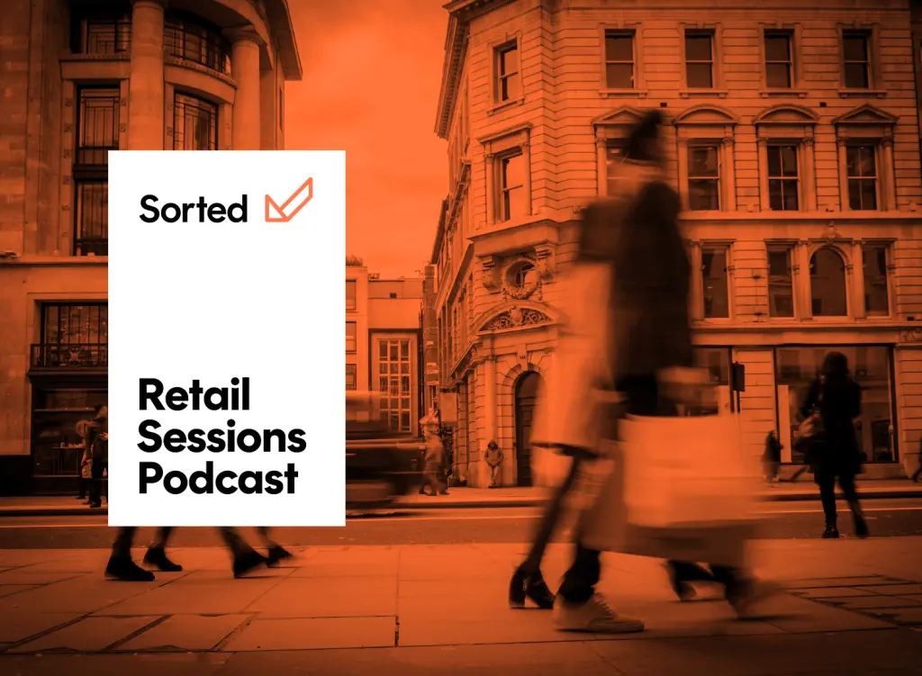 Retail Sessions Podcast graphic with blurred shoppers in city background