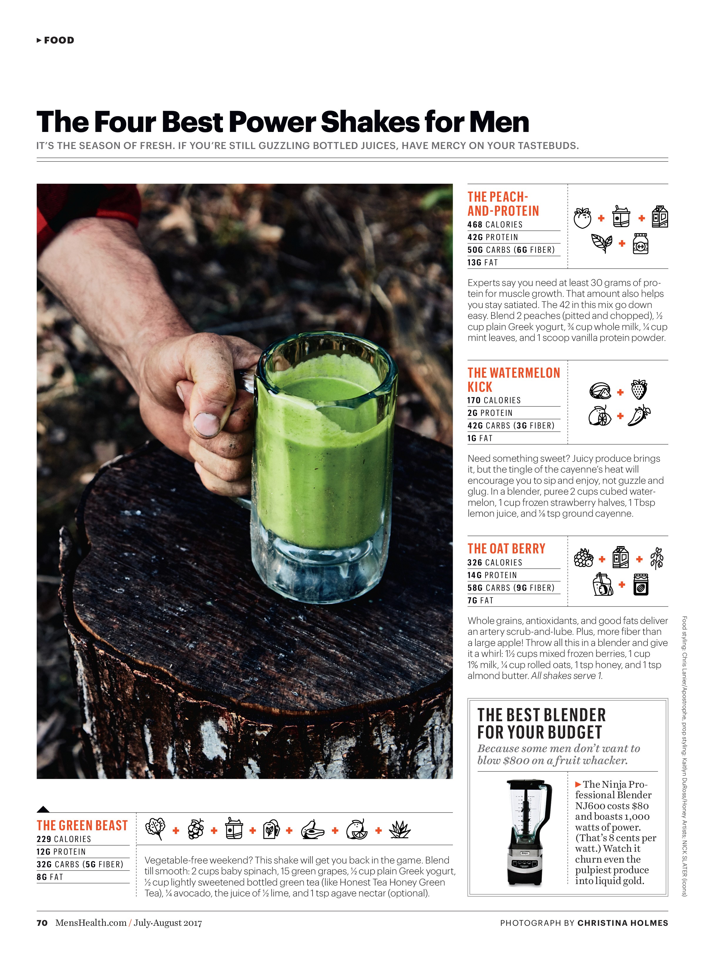 A magazine layout with a photo of a hand holding a beer mug with green juice. It's placed on top of a tree stump