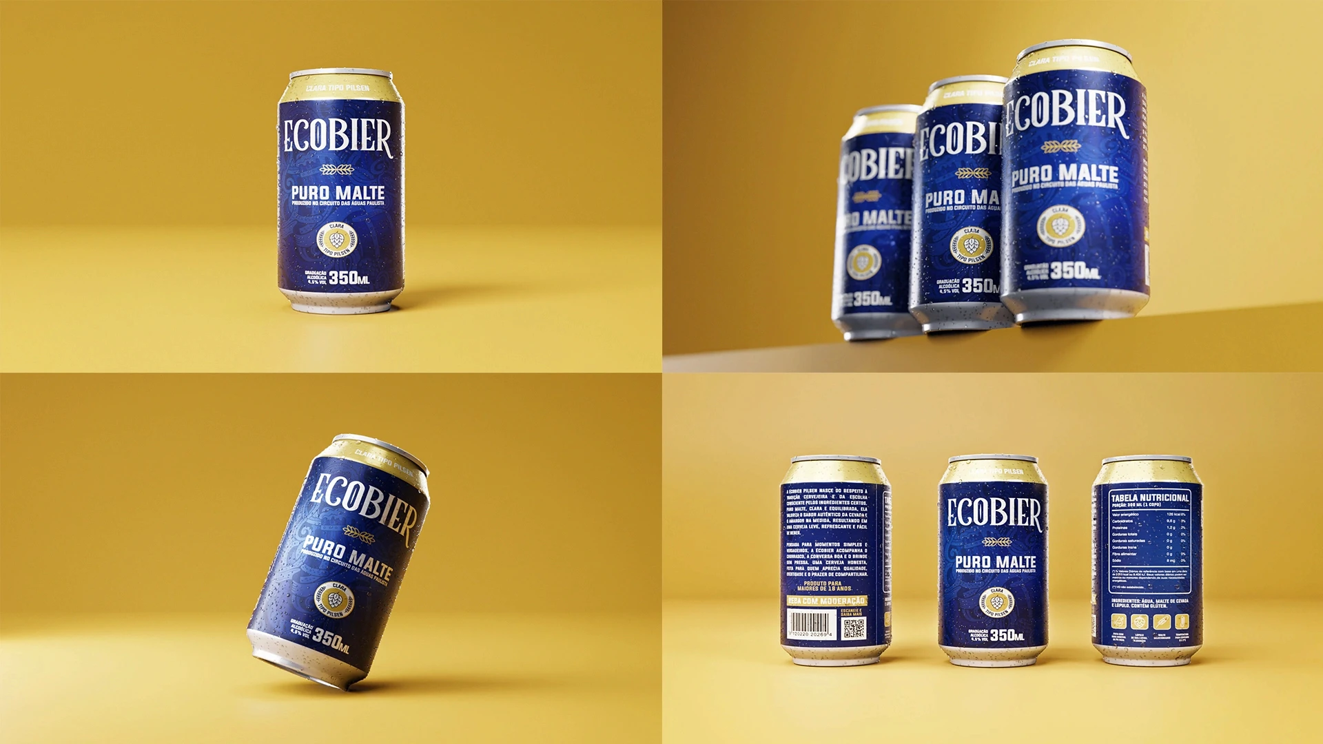 A collage showing four different perspectives of the Ecobier redesign, including front views, nutritional info, and close-up details.
