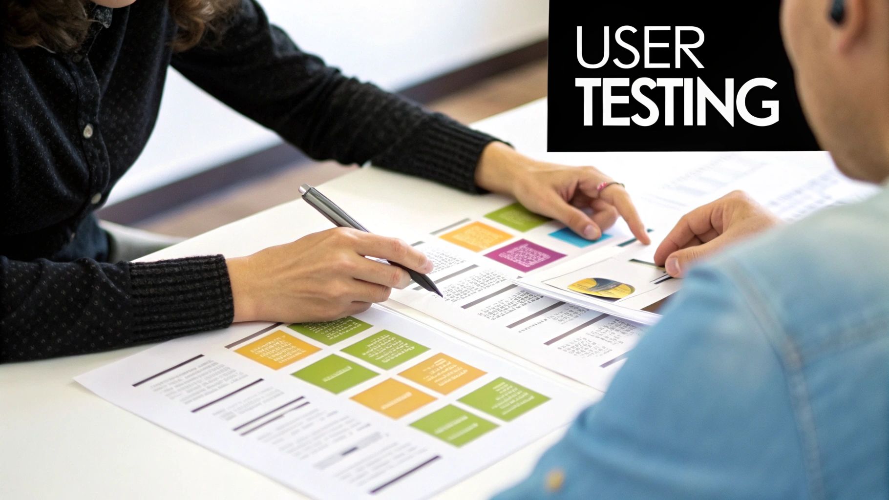 Two people engage in user testing, examining data visualization designs and providing feedback.