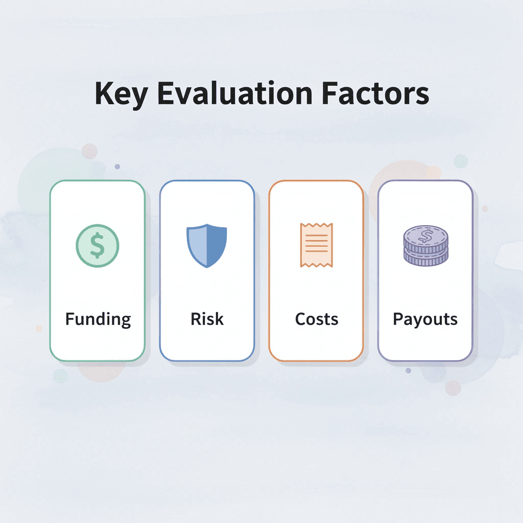 Infographic showing key evaluation factors for prop firms