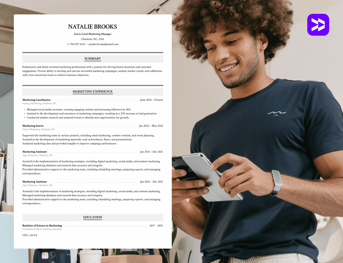 Marketing manager resume example on a clean background