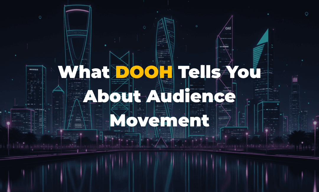 Digital DOOH analytics dashboards displaying impressions, reach, and ROI metrics across multiple screens in a smart city environment.