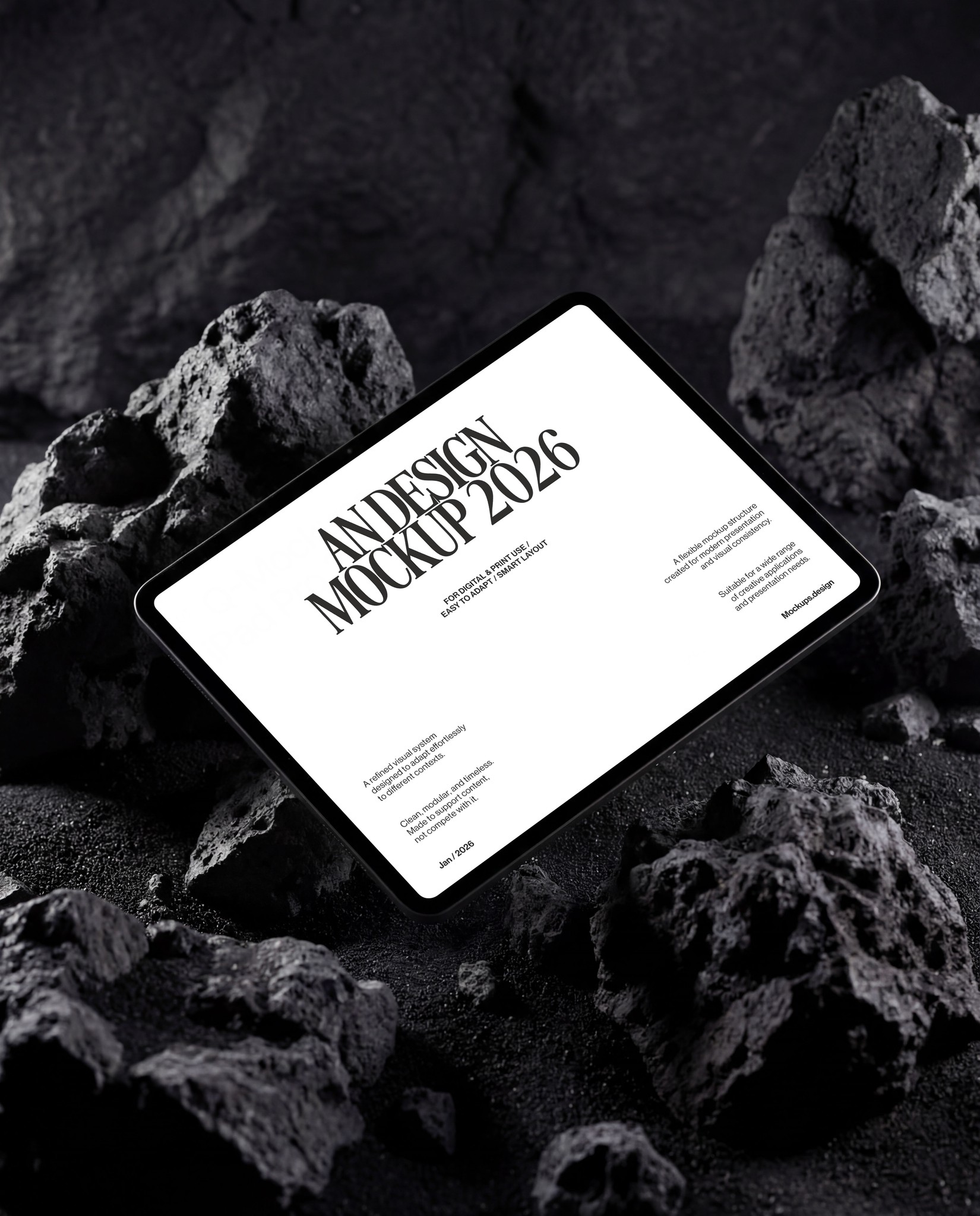 iPad mockup on dark rock surface, realistic device display