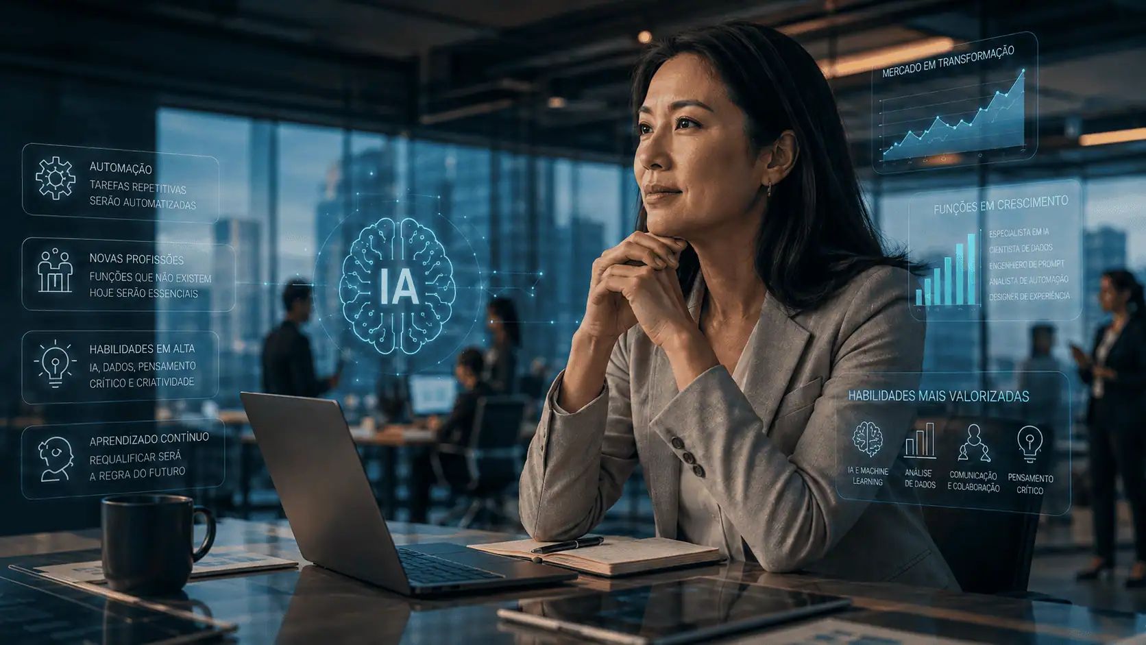 Mulher asiática em escritório moderno analisando dados e tendências com apoio de inteligência artificial, representando a IA no futuro do trabalho e as transformações nas carreiras da próxima década.