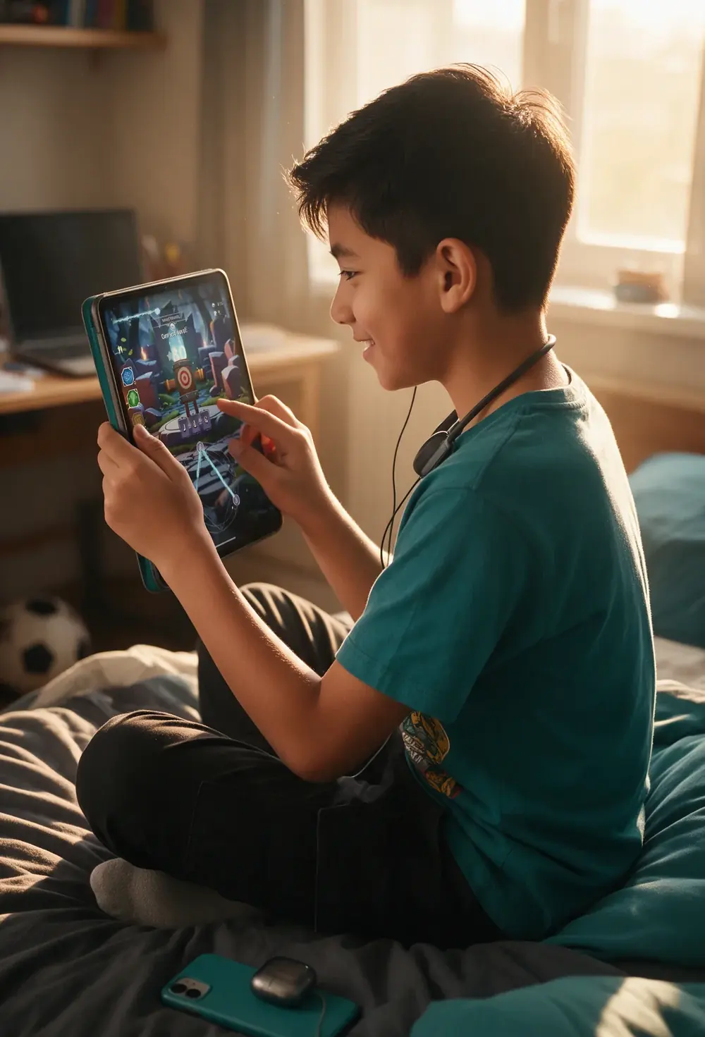 Student doma na posteli hraje na tabletu slovní hru