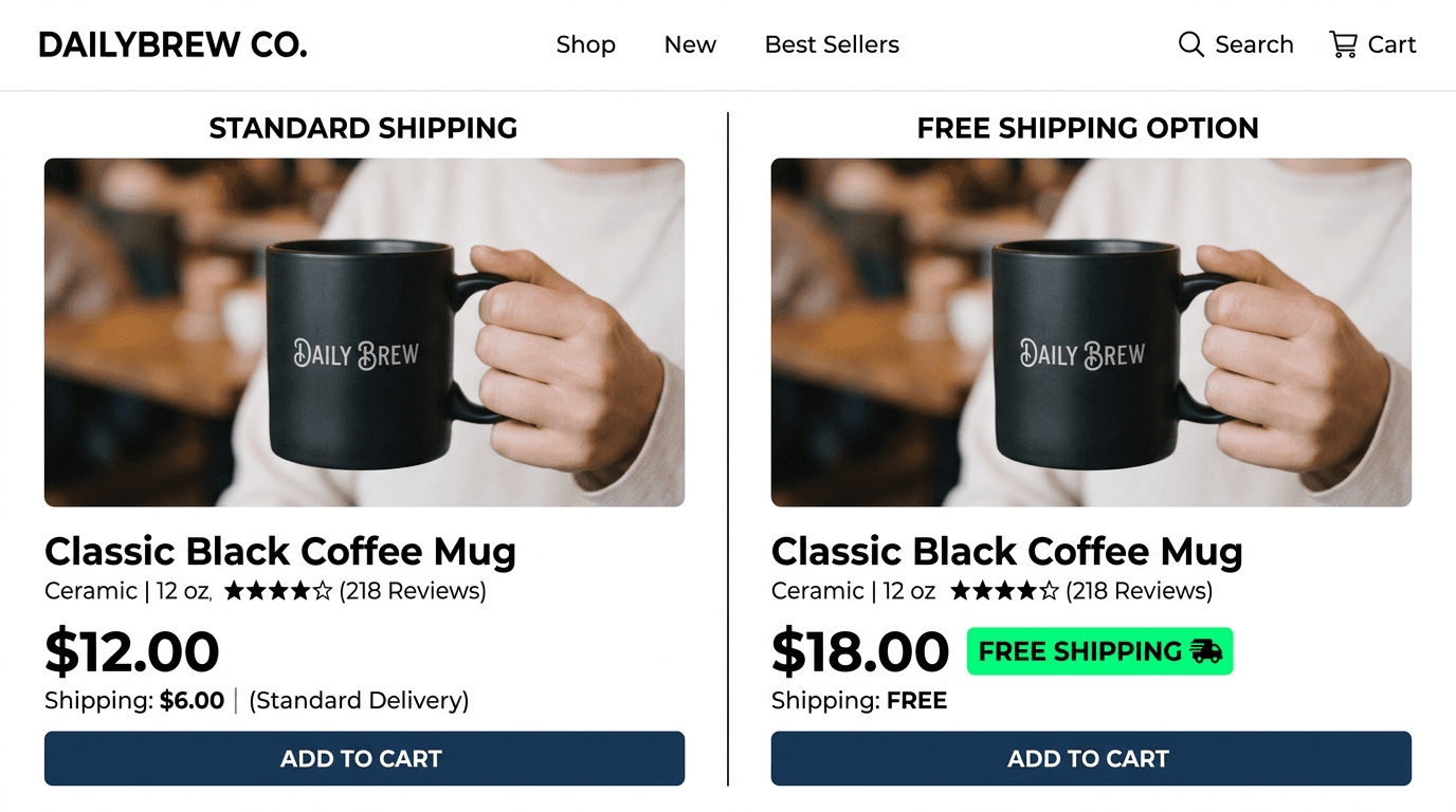 Side by side comparison of an Etsy listing showing $12 plus shipping versus $18 with free shipping badge