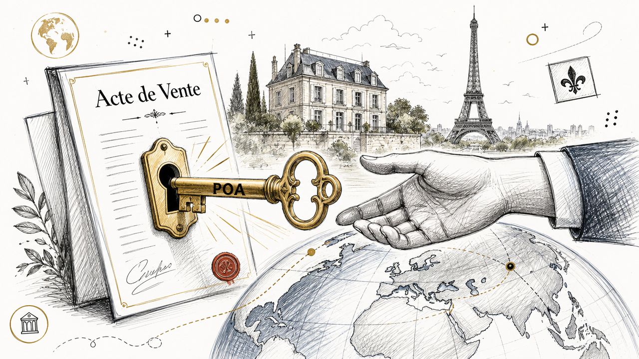 A hand holding a key labeled POA unlocking an official Acte de Vente document with French landmarks.