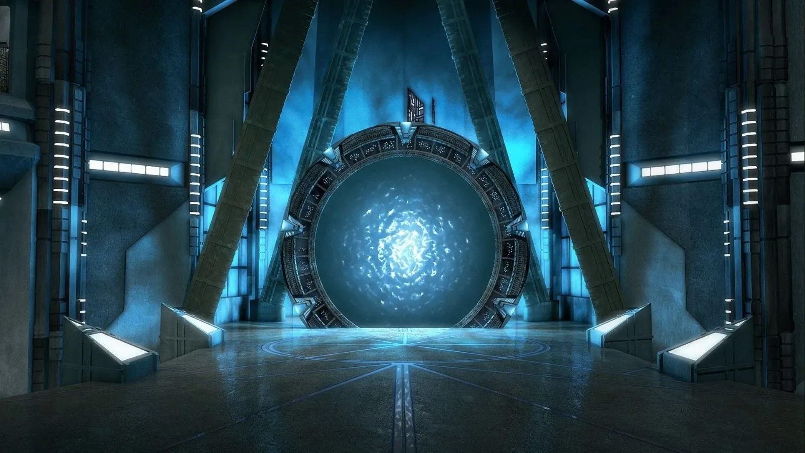 A futuristic, sci-fi portal with a glowing blue vortex is set within a metallic, high-tech chamber with angular structures and illuminated panels.