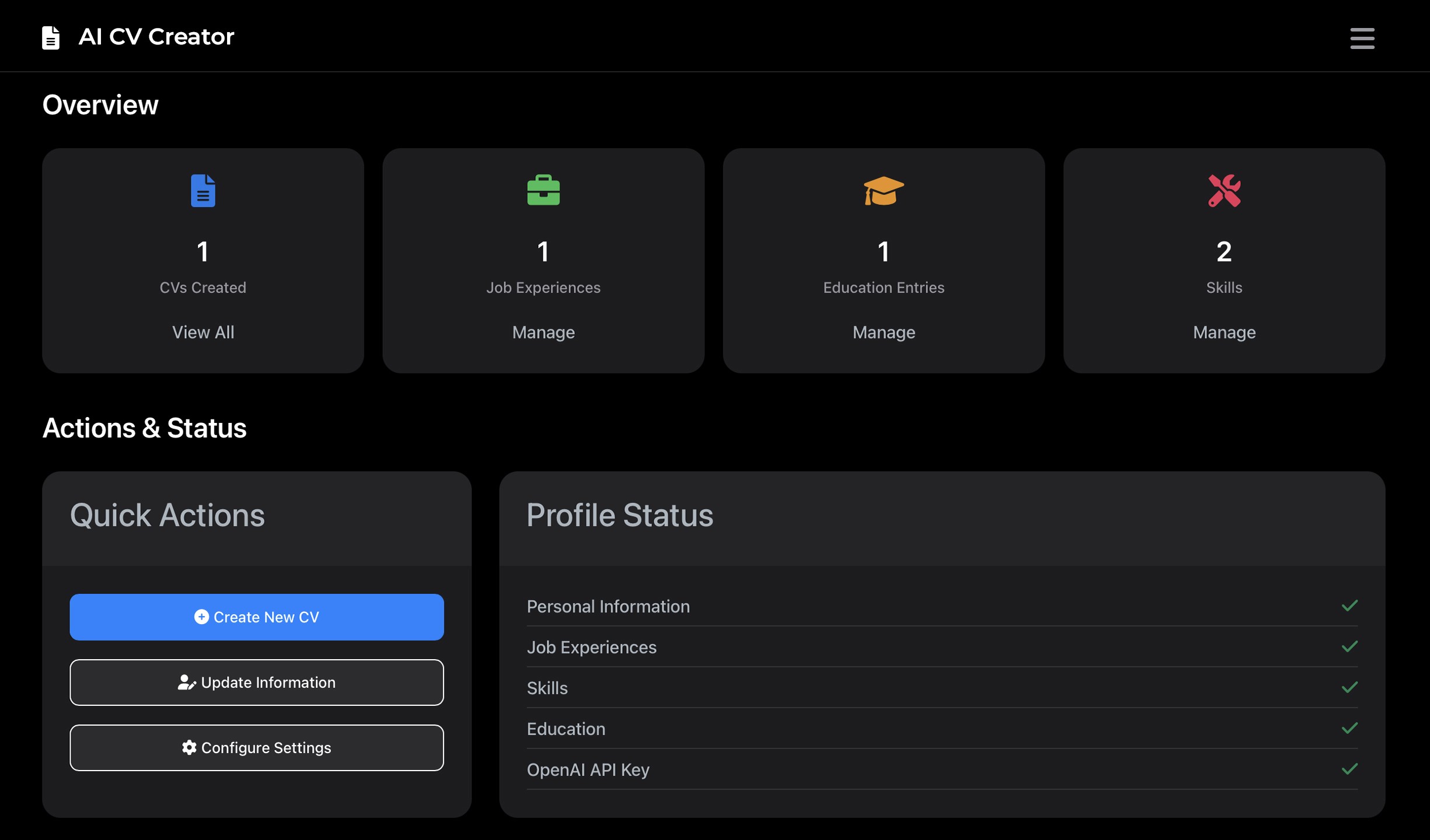 AI CV Creator - Dashboard