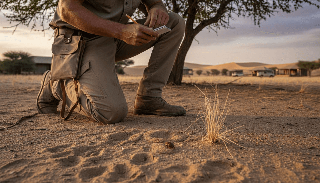 Ranger studying animal tracks in the sand