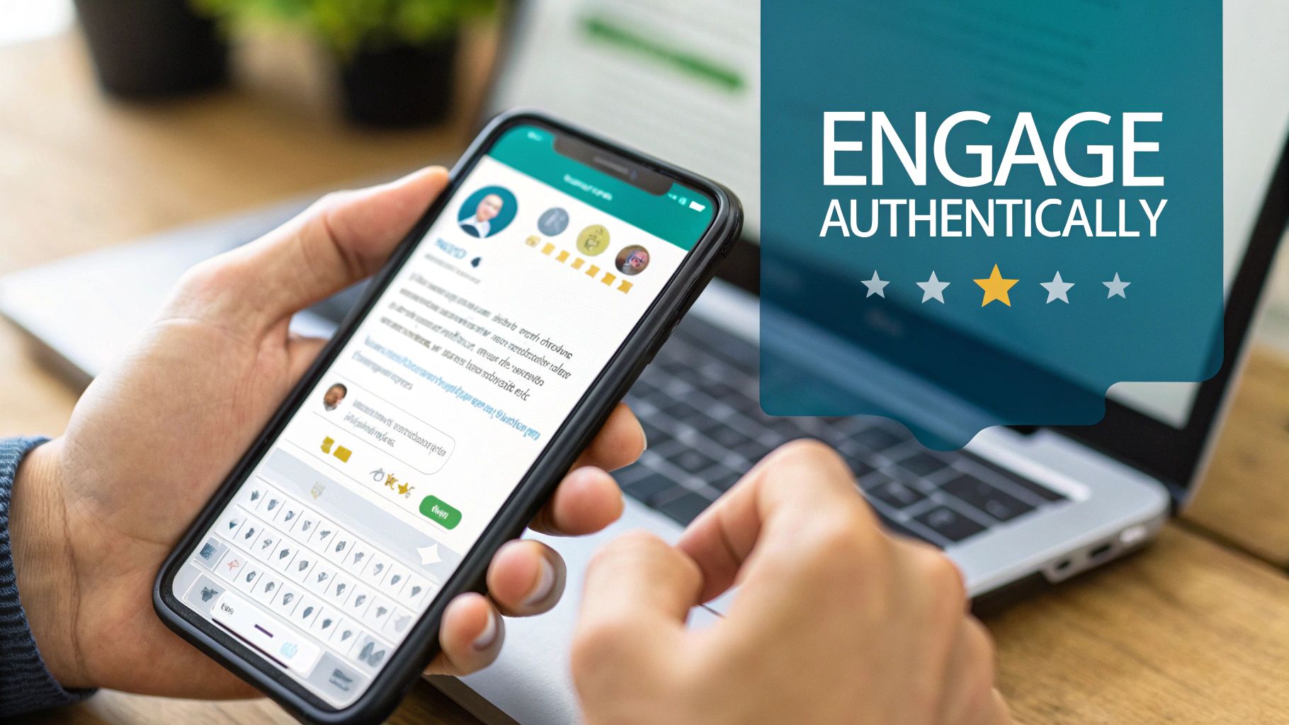 Hands holding a smartphone, reviewing an app with profiles and star ratings. An overlay reads 'Engage Authentically' with a 4-star rating.