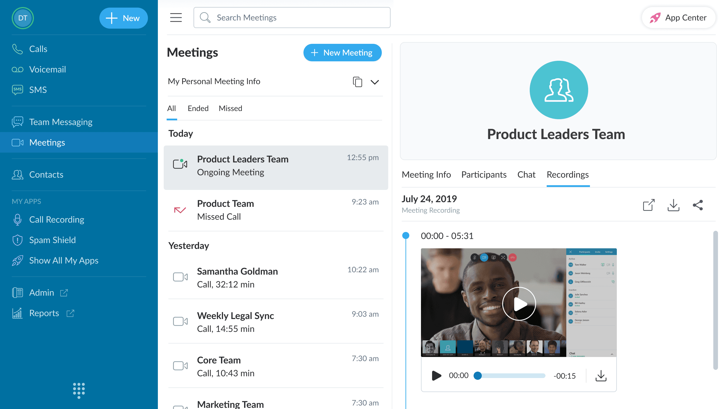 Meetings product view inside Vonage Business Cloud