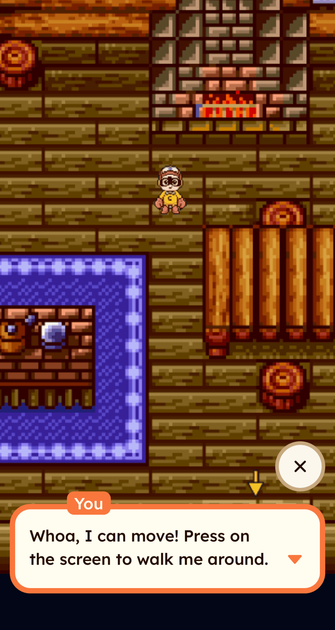 Custom AI character inside a pixel-style room, showing how users create AI characters to live and act inside an AI Town