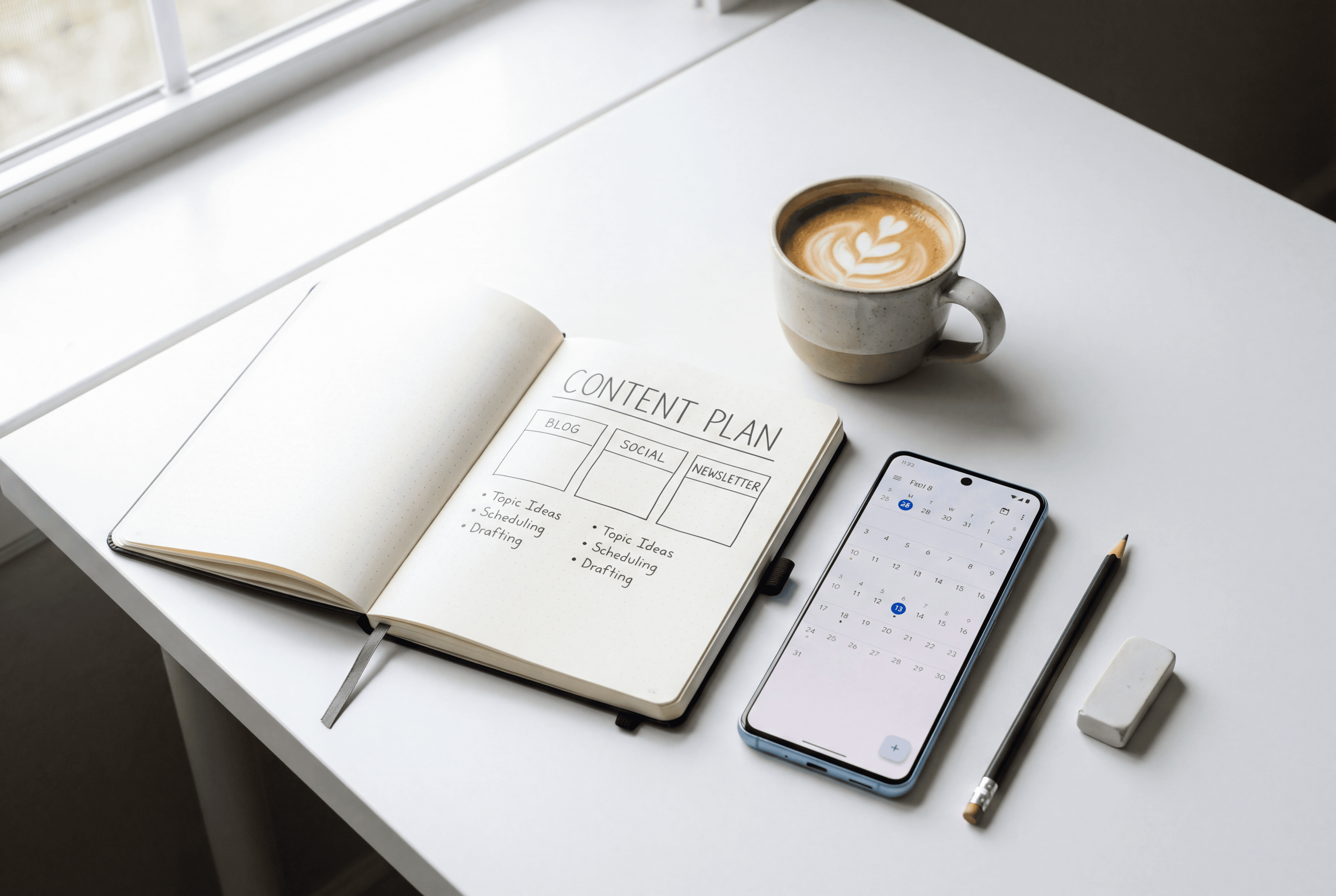 Content plan for a week in a book on the table with a cuo of coffee