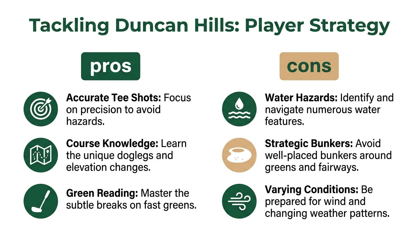 A strategic guide infographic for playing at Duncan Hills golf course, highlighting key pros and cons.