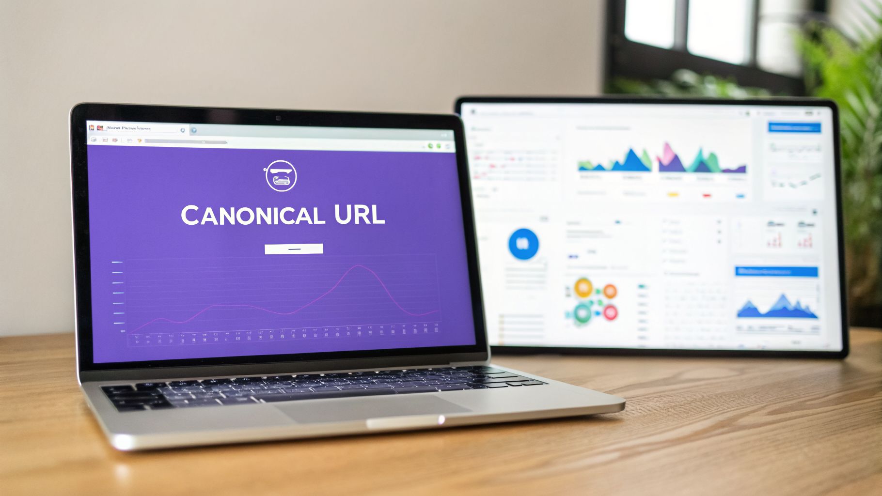 a laptop on a wooden desk showing a purple screen