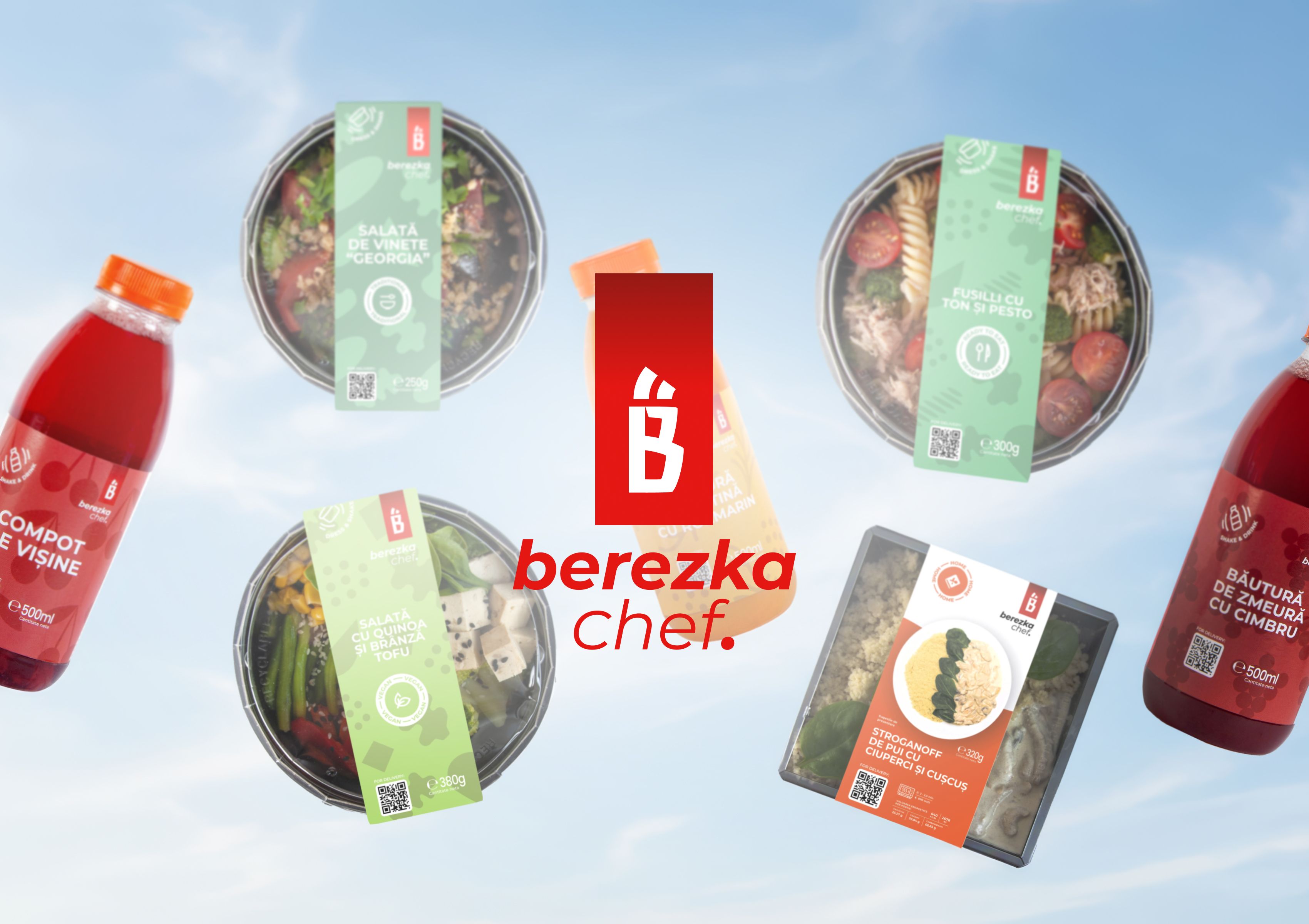 Berezka Chef brand showcase — logo centered with floating packaged salads, ready meals, and beverages on a bright background.