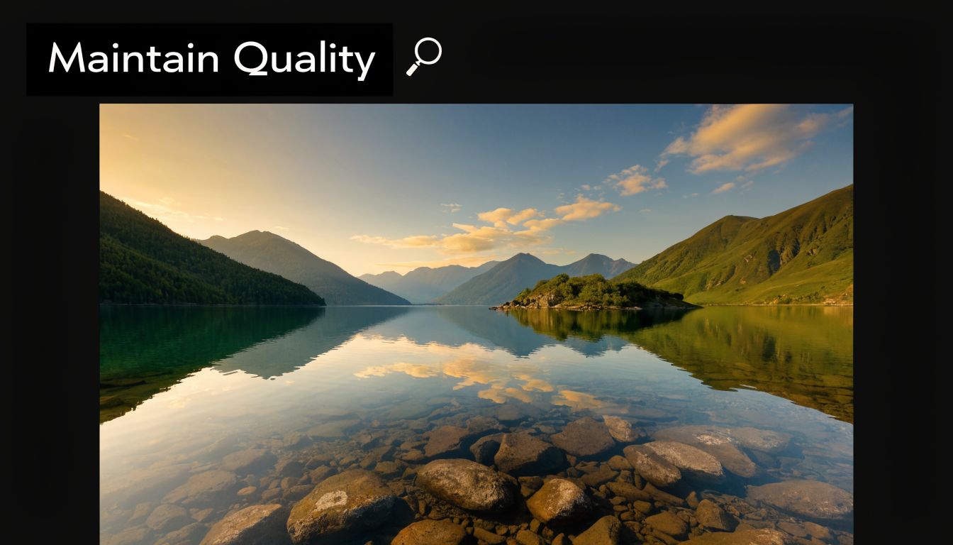 A serene mountain lake view with crystal clear water reflecting the landscape during a golden sunrise.