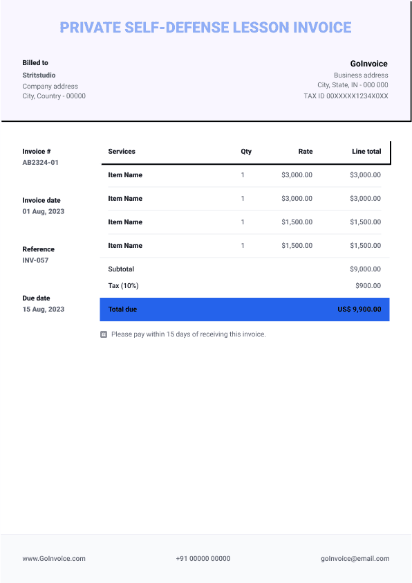 Private Self-Defense Lesson Invoice