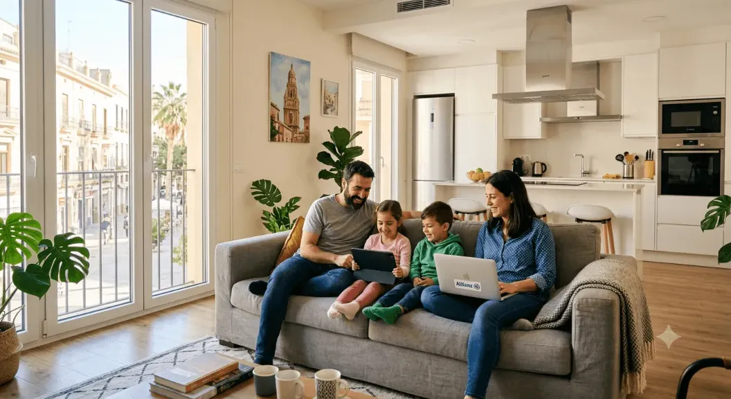Familia disfrutando de su salón luminoso protegido con el seguro de hogar de Allianz.