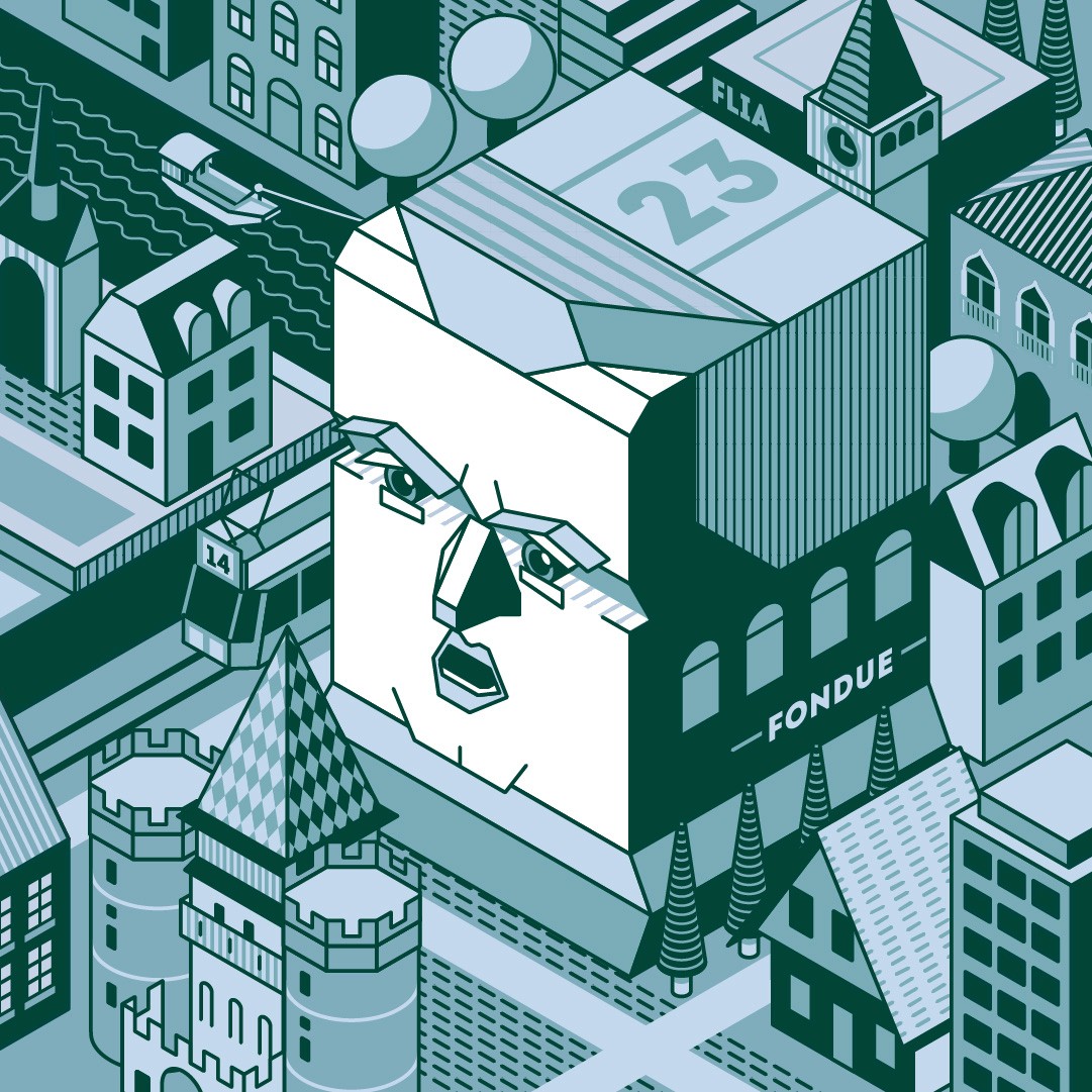 Isometric illustrative portrait of Shaqiri for the Tschuttiheftli 2021. The style is simple isometric vector illustration.