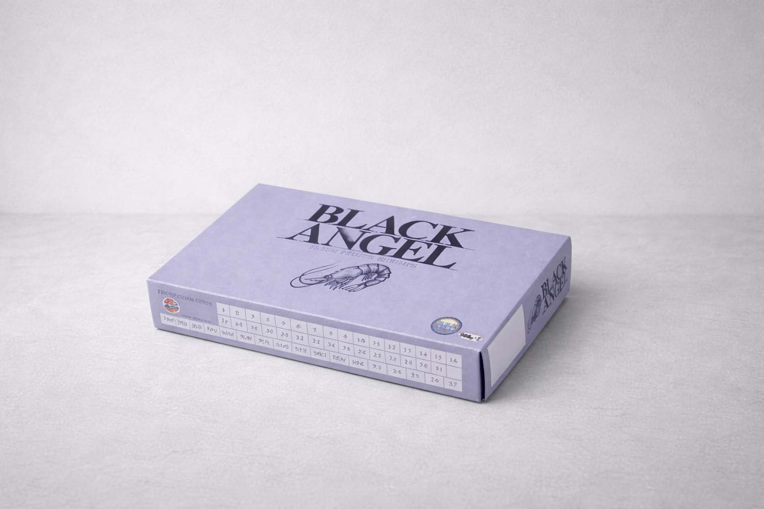 Custom Carton Seafood Box - Black Angel brand. Laminated frozen shrimp export box manufactured in Kuching, Sarawak.