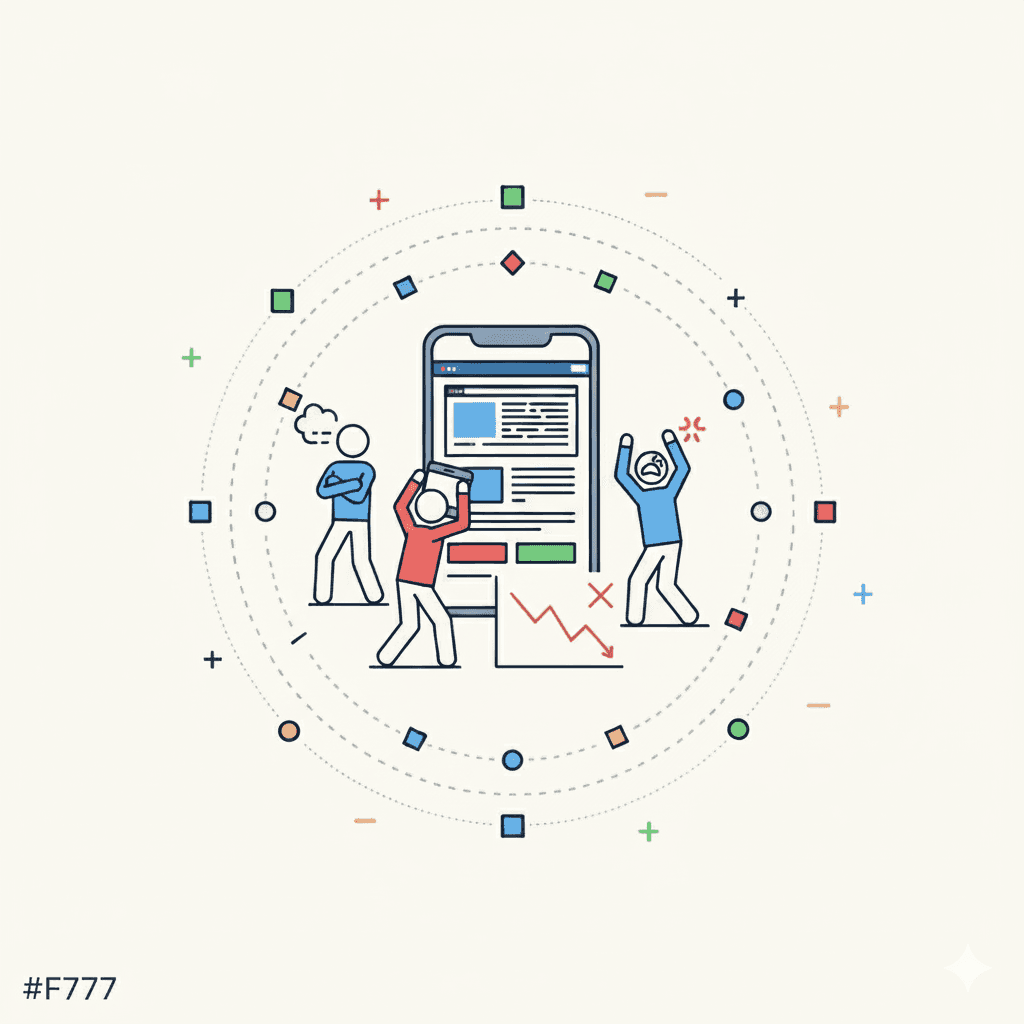Icon illustrating mobile user frustration, showing three frustrated people struggling with a mobile phone displaying a screen, while a red downward arrow indicates failure.